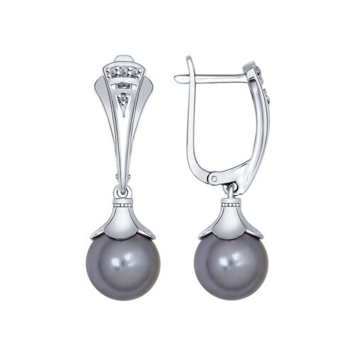 Серьги из серебра с чёрными жемчужинами Swarovski и фианитами