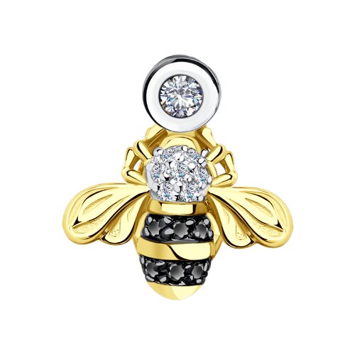 Подвеска "Пчелка" из желтого золота с бриллиантами и черными облагороженными бриллиантами