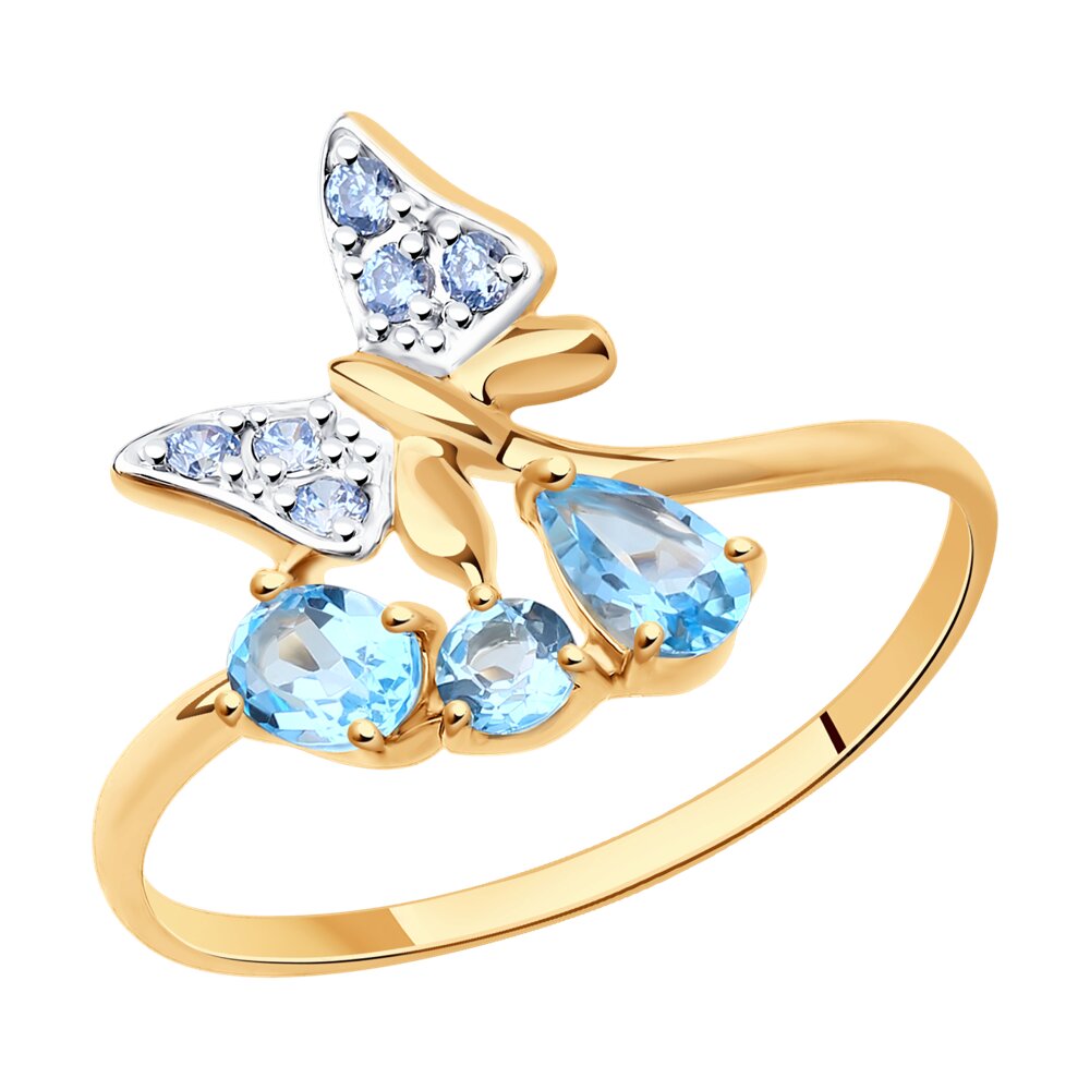 фото Кольцо «бабочка» sokolov из золота с голубыми топазами и голубыми фианитами