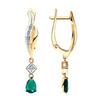 Серьги из золота с бриллиантами и гидротермальным изумрудом (синт.)