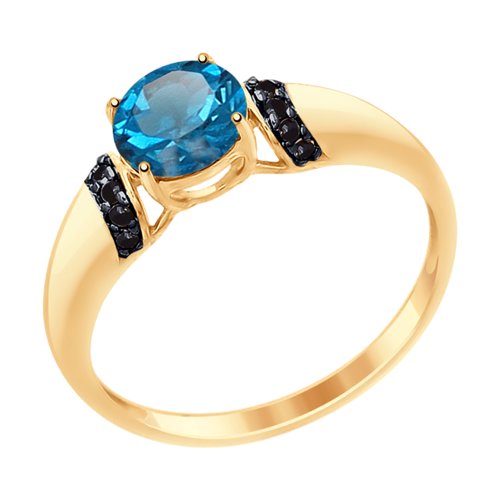 Кольцо из золота с синим топазом и чёрными фианитами 714959 SOKOLOV фото