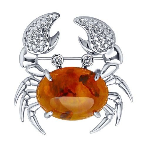 Брошь из серебра с янтарём и фианитами - фото 1