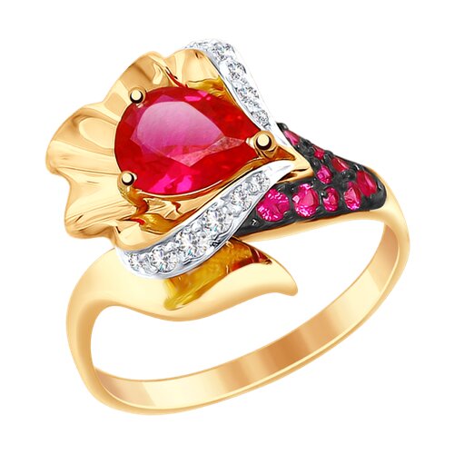 Кольцо из золота с красным корунд (синт.) и бесцветными и красными фианитами