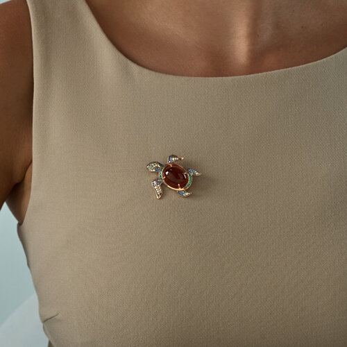 Брошь из золочёного серебра с янтарём и фианитами - фото 2