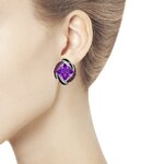 Серьги из серебра с эмалью с сиреневыми ситаллами и красными фианитами