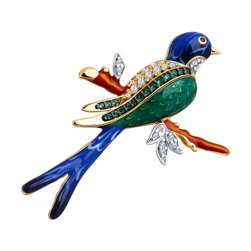 Брошь из золочёного серебра с корундом, фианитами и эмалью - фото 1