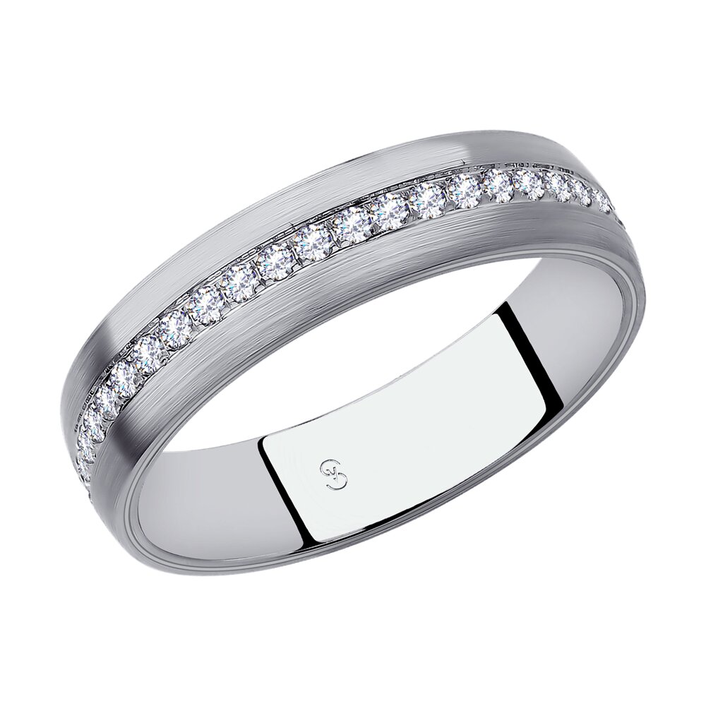 Обручальное кольцо матовое SOKOLOV из белого золота с фианитами, comfort fit, 4 мм