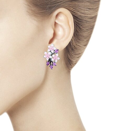 Серьги из серебра с эмалью с аметистами