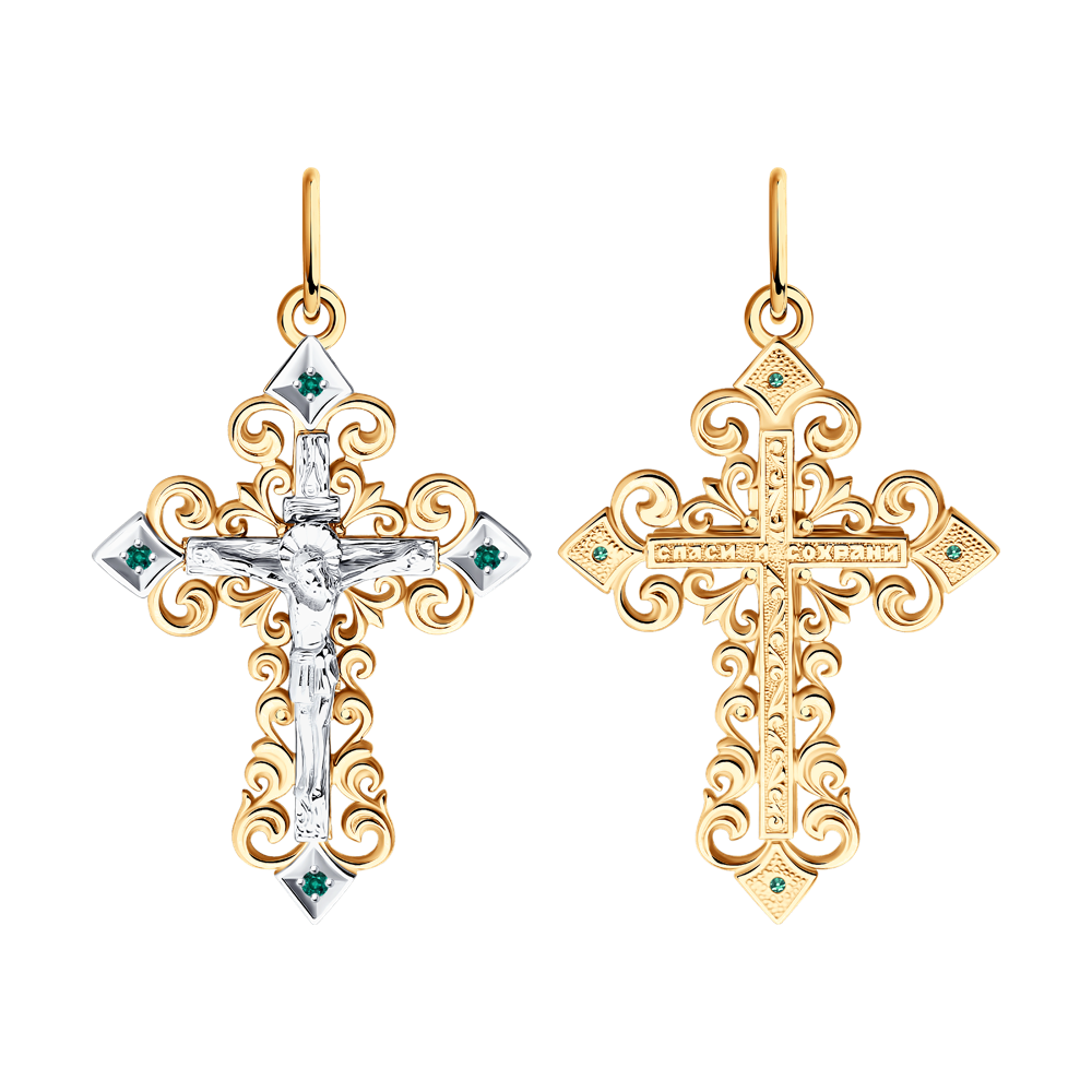 фото Крест sokolov diamonds из комбинированного золота с изумрудами