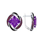Серьги из серебра с эмалью с сиреневыми ситаллами и красными фианитами