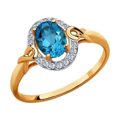 Кольцо из золота с синим топазом и фианитами