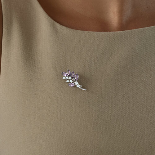 Брошь из серебра с аметистами и фианитами - фото 3