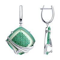 Серьги из серебра с зелеными ситаллами и фианитами