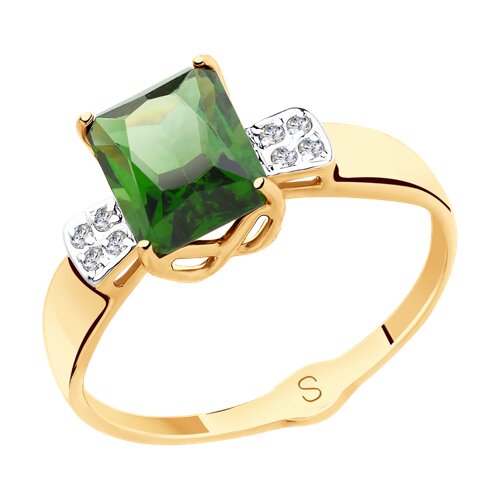 Кольцо из золота с зелёным ситаллом и фианитами