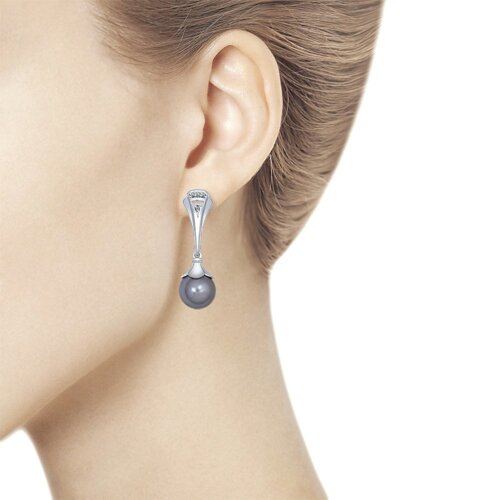 Серьги из серебра с чёрными жемчужинами Swarovski и фианитами