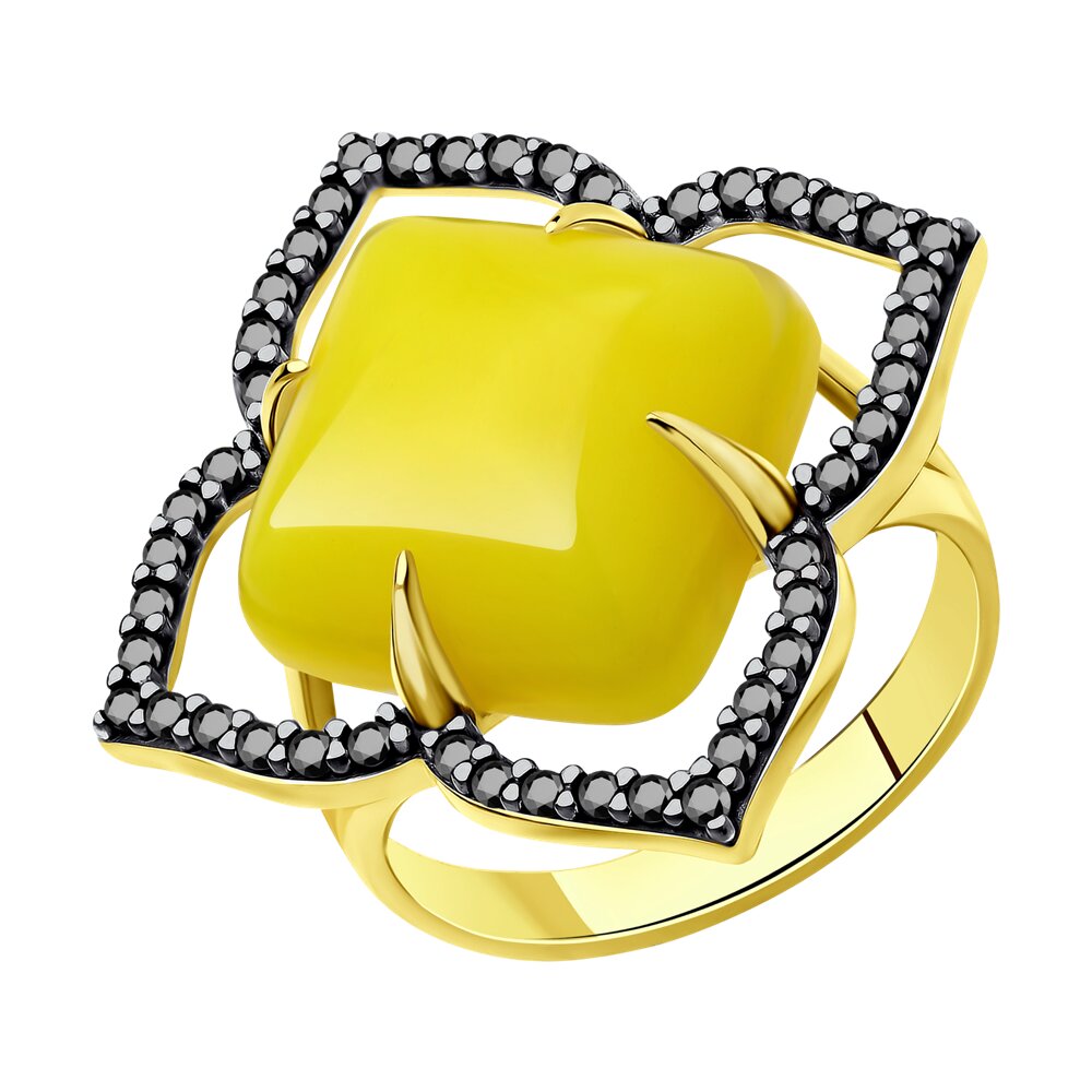 Кольцо SOKOLOV из золочёного серебра с фианитами и янтарём