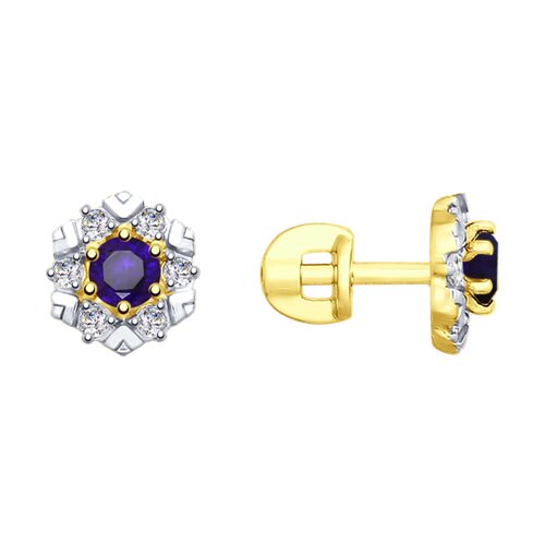 Серьги из желтого золота с синими корунд (синт.) и фианитами