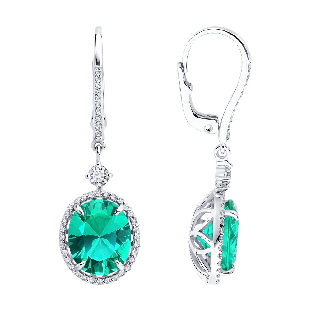 Серьги SOKOLOV из белого золота с бриллиантами выращенными и изумрудами выращенными