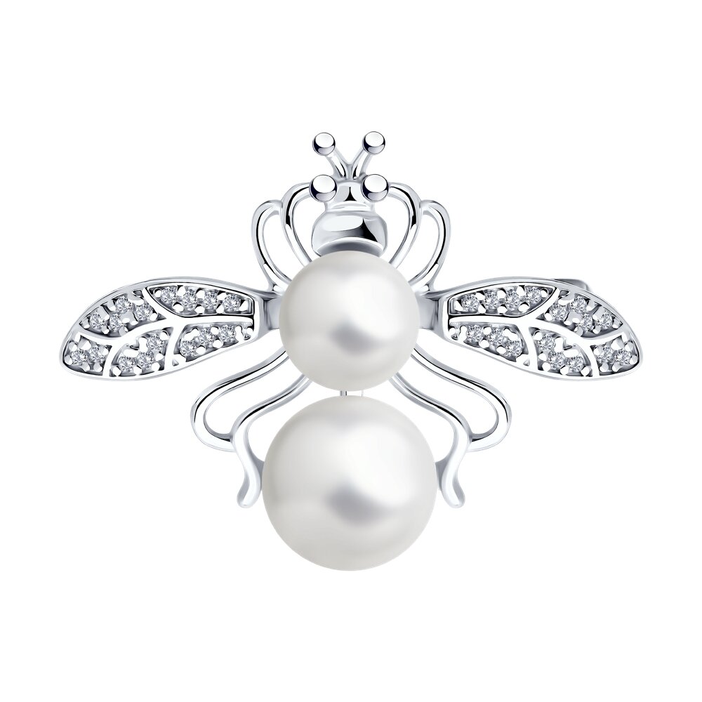 Брошь SOKOLOV из серебра с синтетическим жемчугом и фианитами