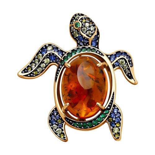 Брошь из золочёного серебра с янтарём и фианитами - фото 1