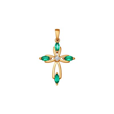 Золотой крестик украшенный SOKOLOV Diamonds изумрудами и бриллиантом