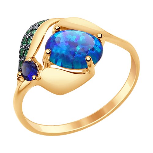 Кольцо из золота с синим корунд (синт.), синим опалом и зелеными фианитами