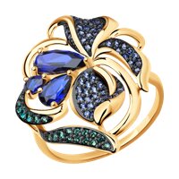 Кольцо из золота с корундами сапфировыми (синт.) и зелеными и синими фианитами