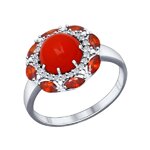 Кольцо из серебра с кораллом и красными фианитами