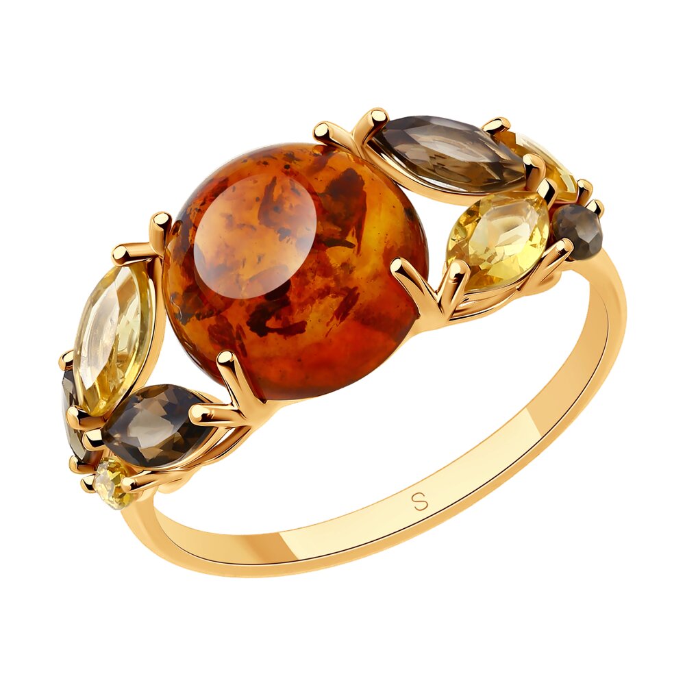 Кольцо SOKOLOV из золота с янтарем и миксом камней