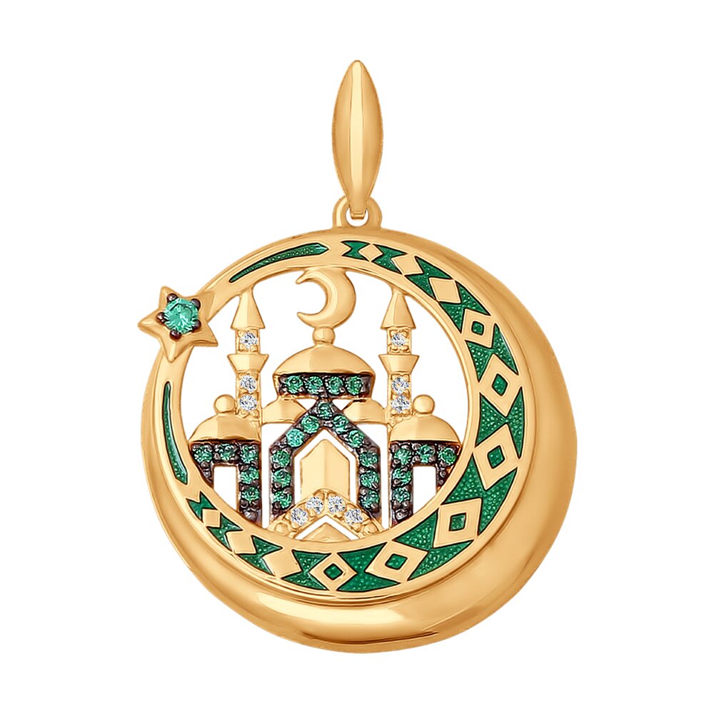 Подвеска мусульманская SOKOLOV из золота с эмалью с зелеными фианитами