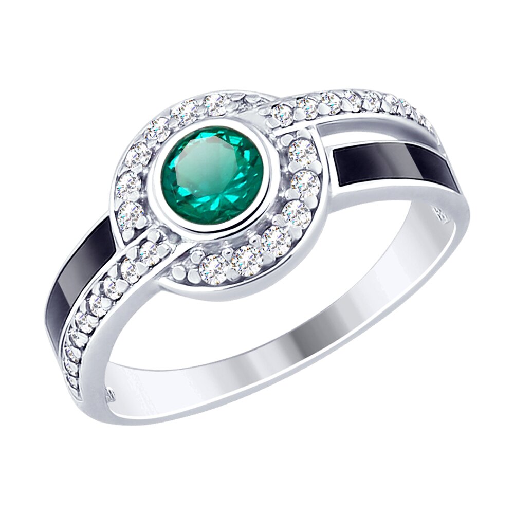 Кольцо SOKOLOV из серебра с эмалью и зелёным ситаллом и фианитами, 2.62, серебро, 92011498  - купить