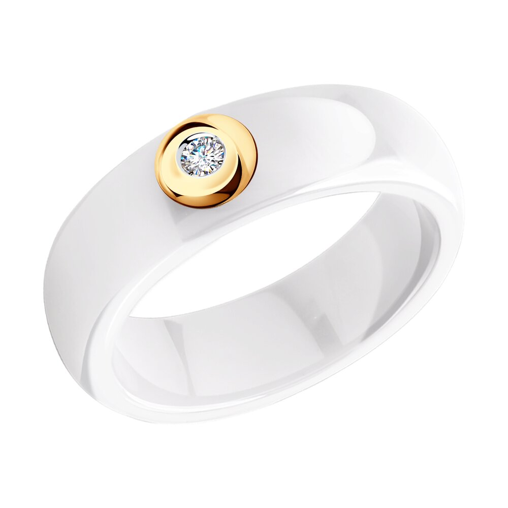 Белое керамическое кольцо с золотом и бриллиантом SOKOLOV 