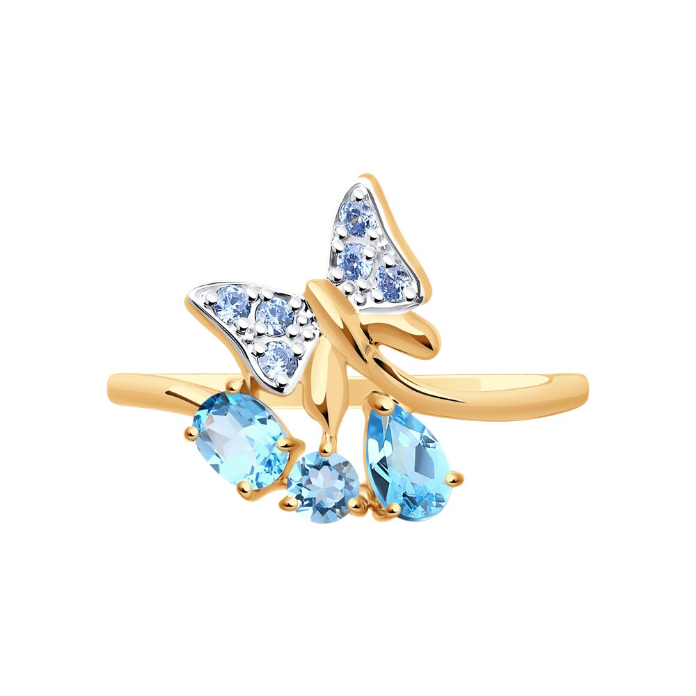фото Кольцо «бабочка» sokolov из золота с голубыми топазами и голубыми фианитами