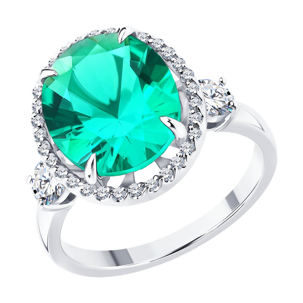 Кольцо SOKOLOV из белого золота с бриллиантами выращенными и изумрудами выращенными